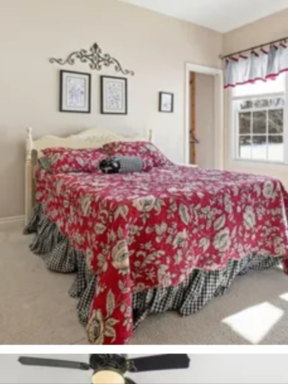 Floral Red Full/Queen Bedspread With Gingham Ruffle